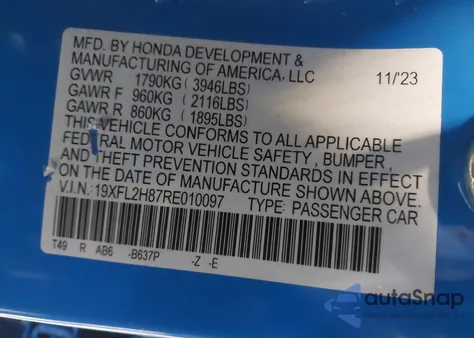 2024 Honda Civic Sport z USA, uszkodzony, nr VIN 19XFL2H87RE010097